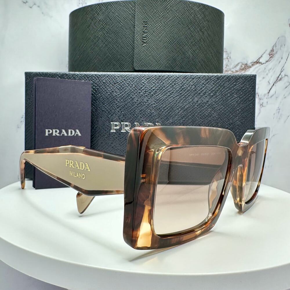 New PRADA Sunglasses Brown Beige Caramel Tortoise Gold Symbole Womens Rectangle - Picture 16 of 16